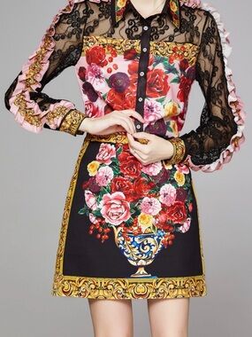 Luxury Baroque Floral Two-Piece Set – Button Blouse & Matching Mini Skirt